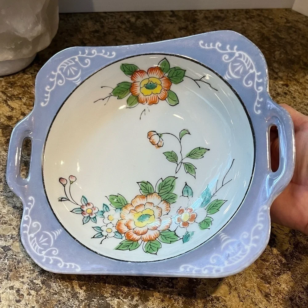 Vintage Square Blue Floral Lusterware Bowl 9” Dish Made in Japan